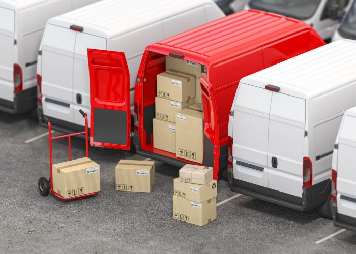 red-delivery-van-with-open-doors-hand-truck-with-cardboard-boxes-iin-row-white-vans-delivery-shipping-concept
